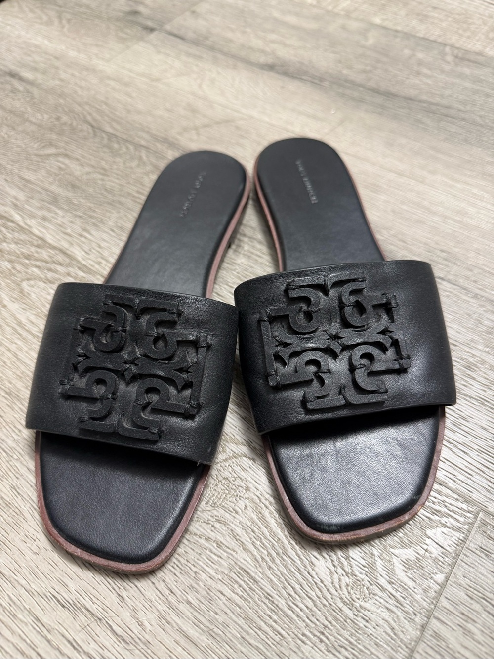 Tory Burch Black Leather Logo Slide Sandals with Brown Trim